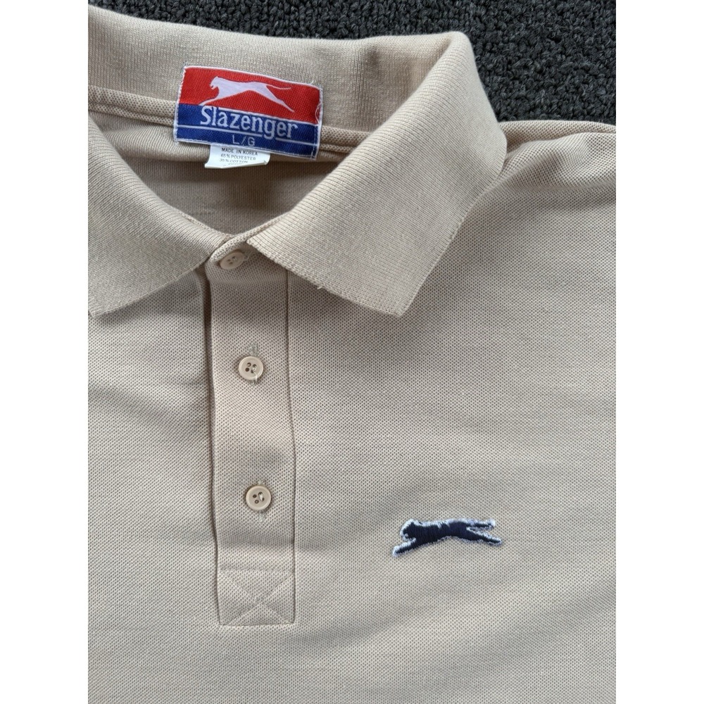 Men's Vintage Slazenger Polo Shirt Beige Size Large Embroidered Tiger Logo - Picture 2 of 6